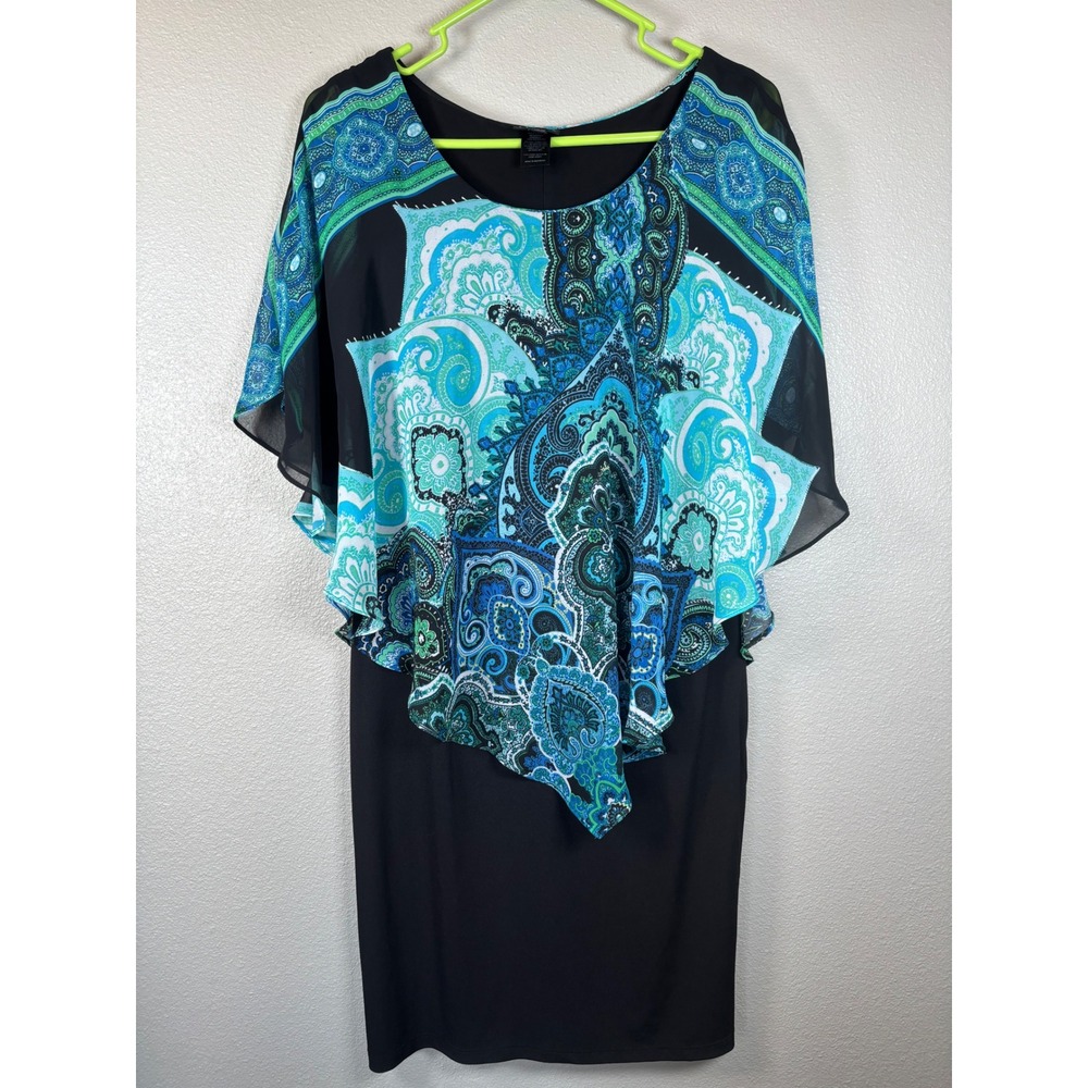 En Focus Studio Women Black Blue Paisley Print Overlay Sheath Dress Size 10